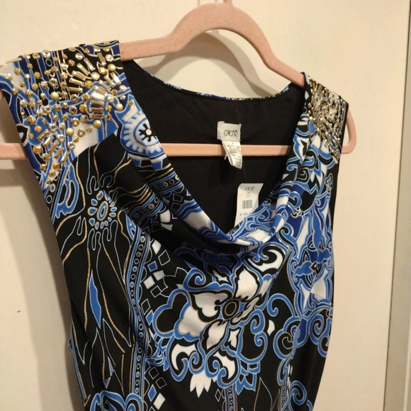 NWT Cache Women's Embellished Blue Geometric Floral Print Stretch Knit Dress S - Picture 4 of 8